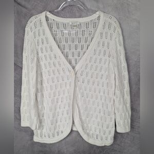 Christopher & Banks Large White Crocheted Sweater With One Top Button
